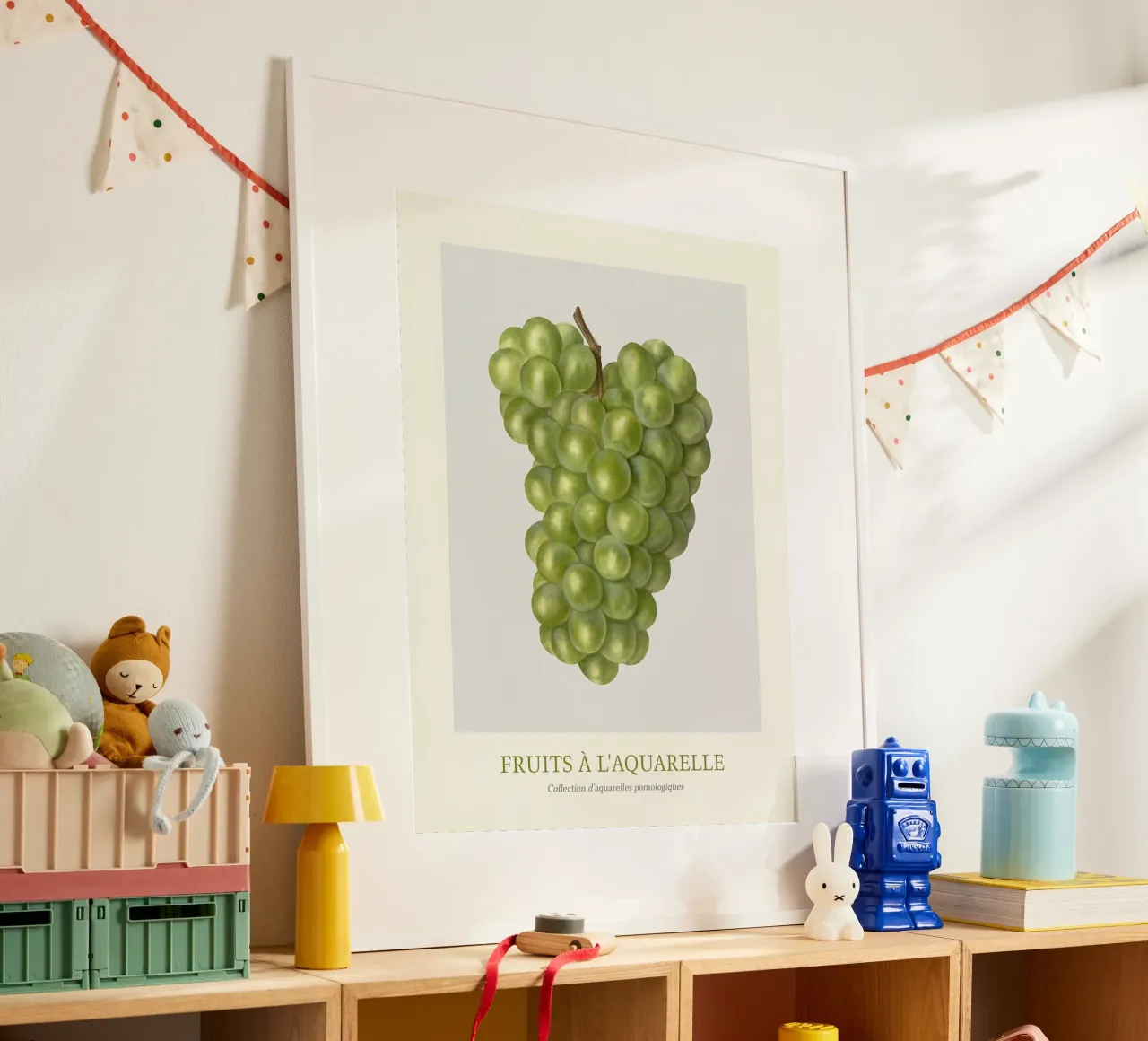 Aquarelle Früchte - Grüne Weintrauben Botanischer Kunstdruck Poster mit Kunststoffrahmen von ClubArt