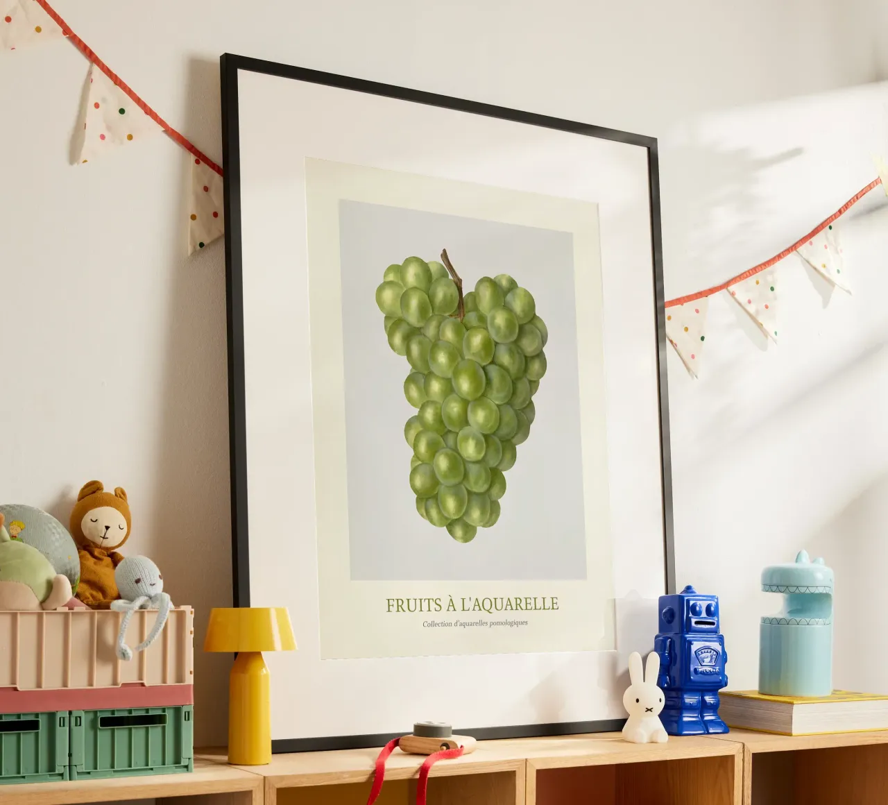 Aquarelle Früchte - Grüne Weintrauben Botanischer Kunstdruck Poster mit Kunststoffrahmen von ClubArt
