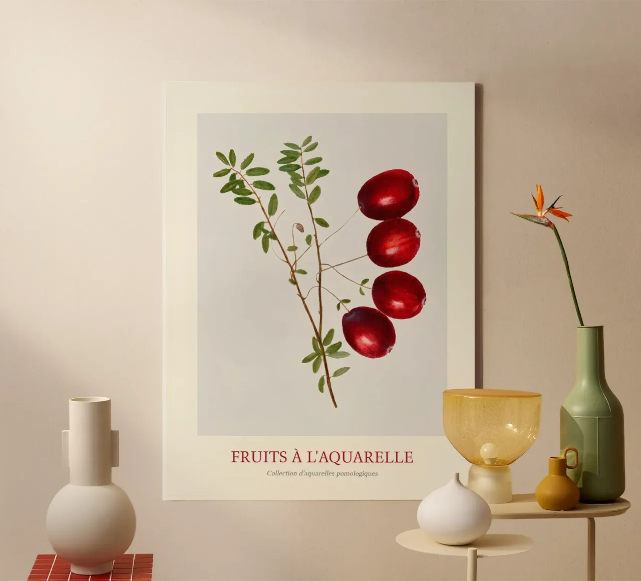 Aquarel Fruits - Cranberry Branch Botanical Print canvas met Baklijst van ClubArt