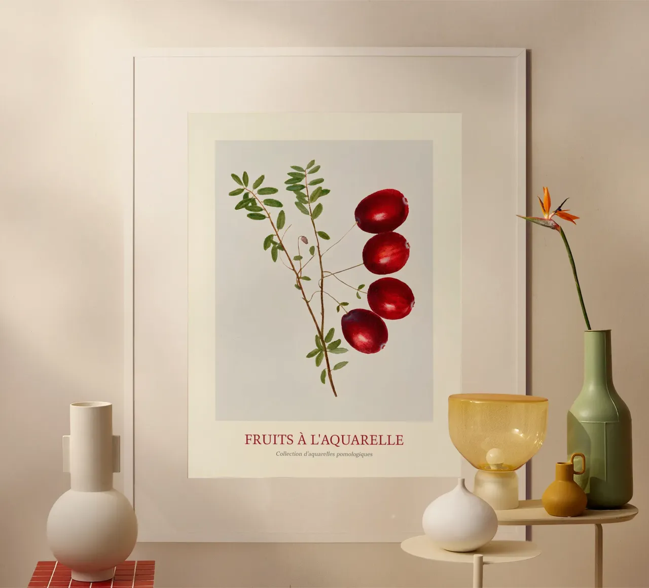 Aquarelle Früchte - Cranberry-Zweig Botanischer Druck Poster mit Kunststoffrahmen von ClubArt