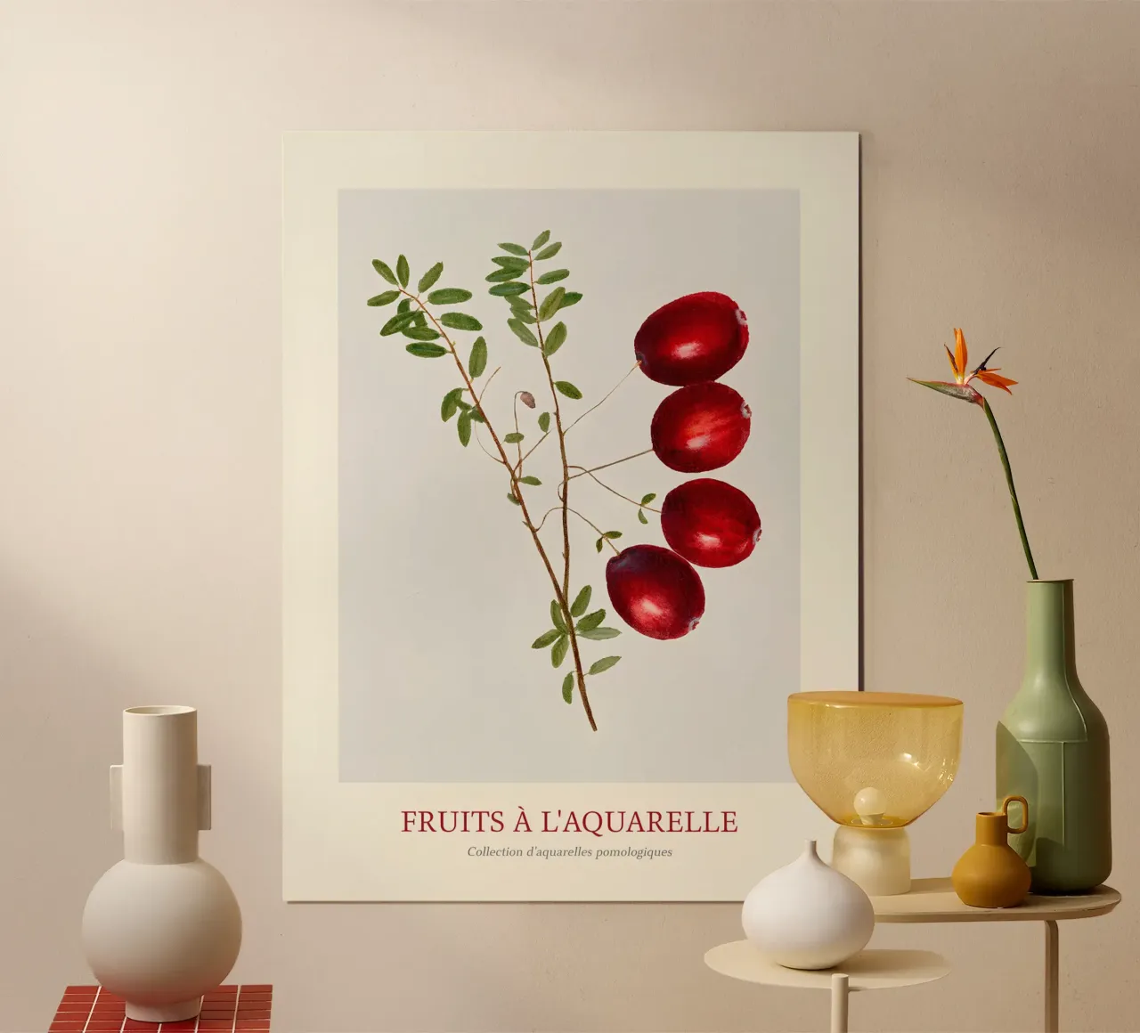 Aquarelle Früchte - Cranberry-Zweig Botanischer Druck Poster mit Kunststoffrahmen von ClubArt