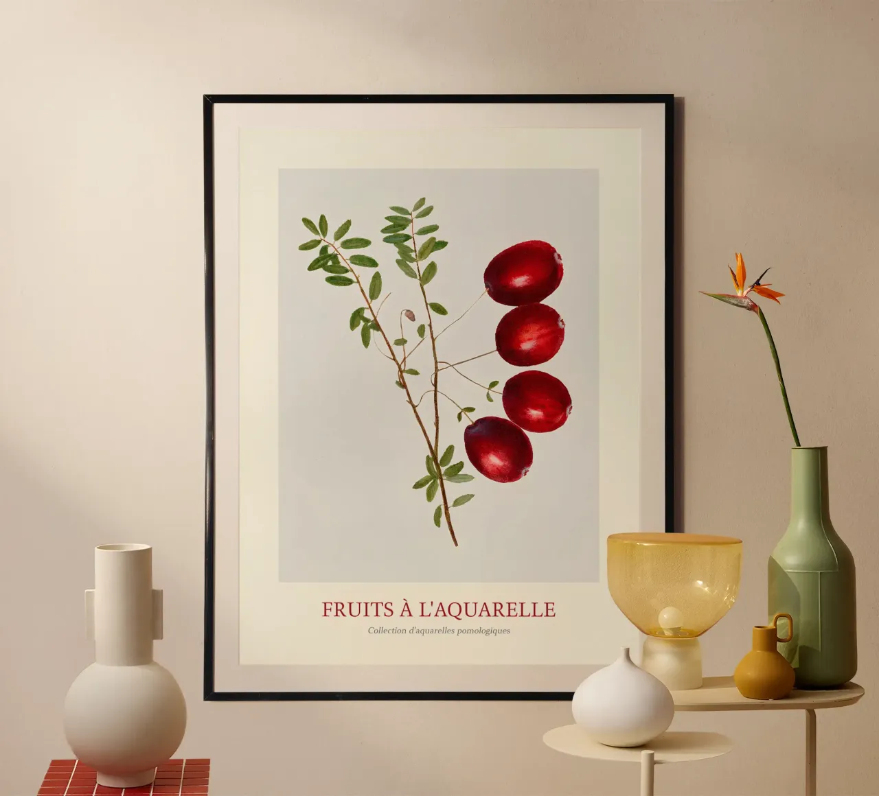 Aquarelle Früchte - Cranberry-Zweig Botanischer Druck Poster mit Kunststoffrahmen von ClubArt