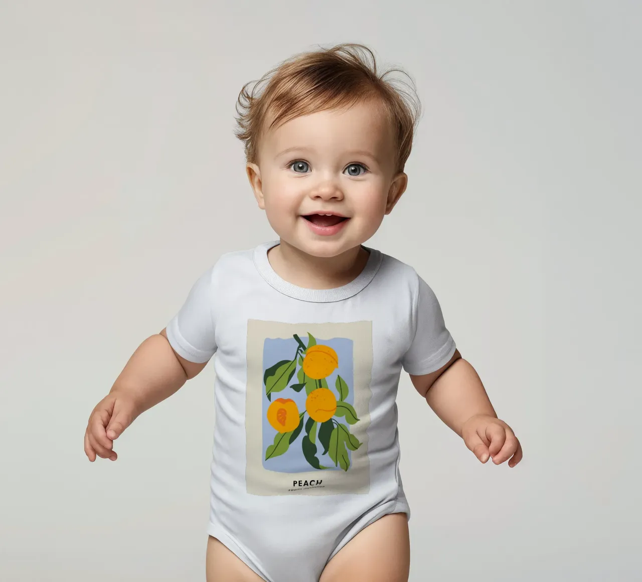 Pfirsich-Frucht-Zweig - Minimalistischer botanischer Kunstdruck Kurzarm Babybody von ClubArt