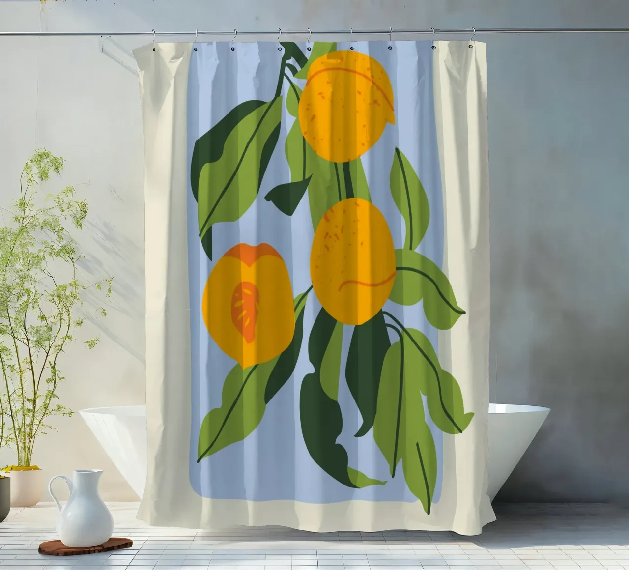 Pfirsich-Frucht-Zweig - Minimalistischer botanischer Kunstdruck Duschvorhang von ClubArt