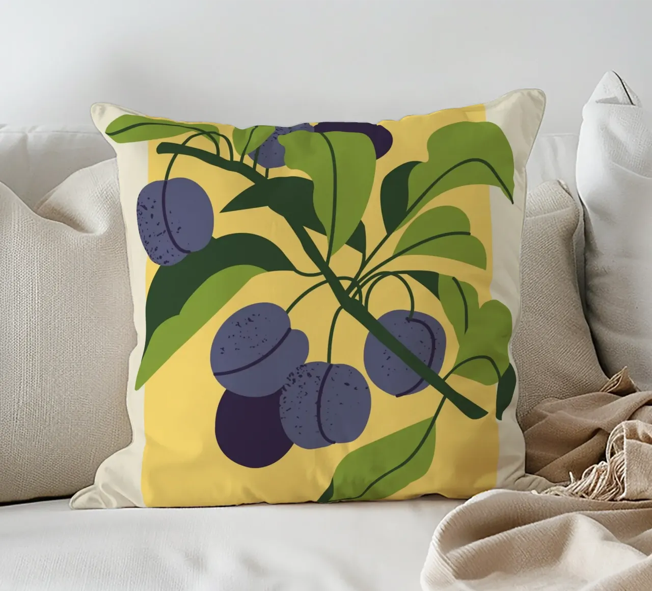 Plum Fruit Branch - Minimalist Botanical Art Print decorative cushion by ClubArt