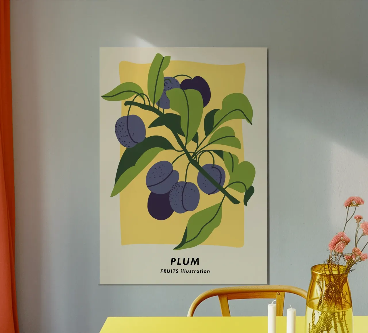 Pflaumenfrucht-Zweig - Minimalistischer botanischer Kunstdruck Hahnemühle von ClubArt
