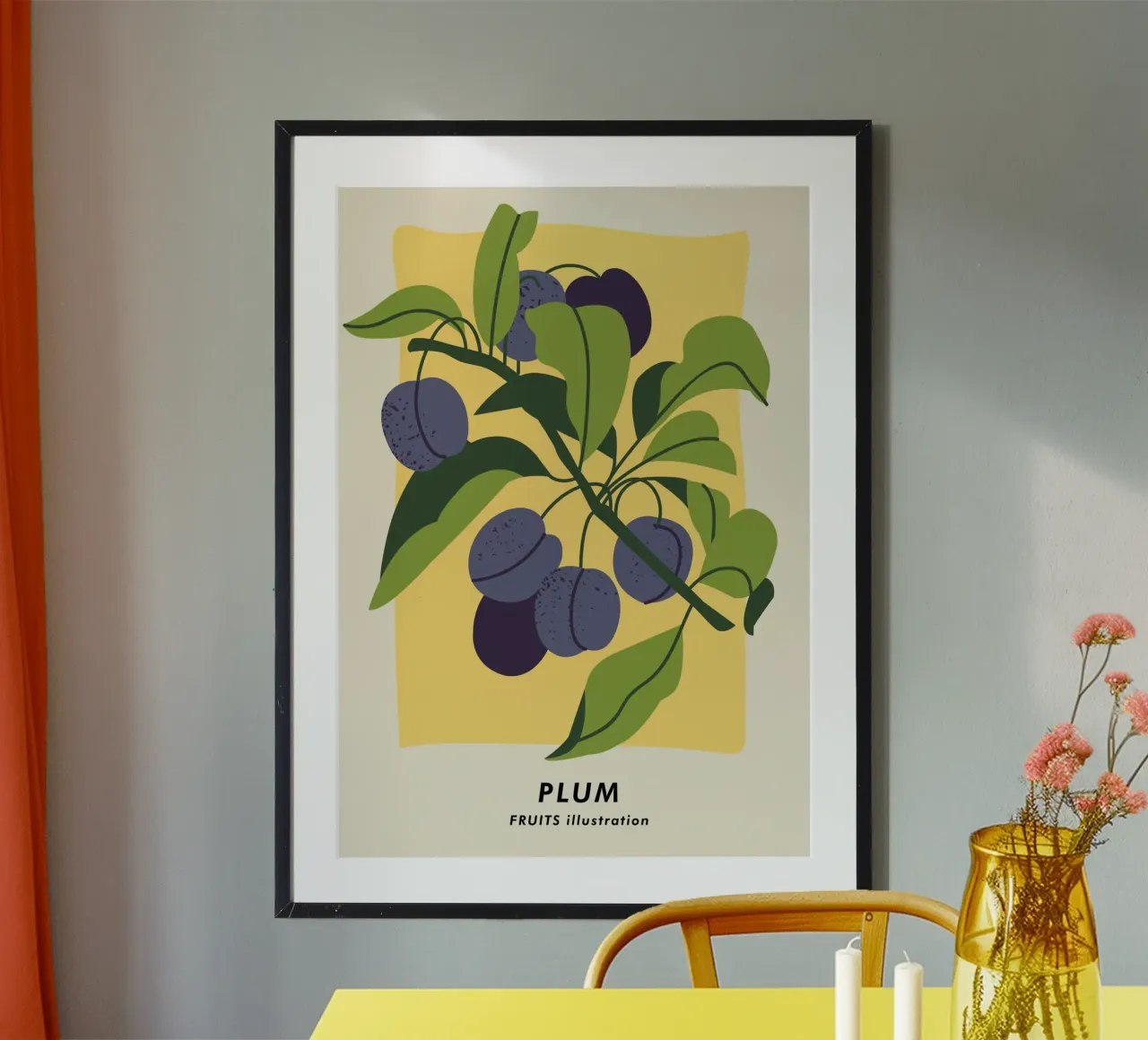 Pflaumenfrucht-Zweig - Minimalistischer botanischer Kunstdruck Hahnemühle von ClubArt