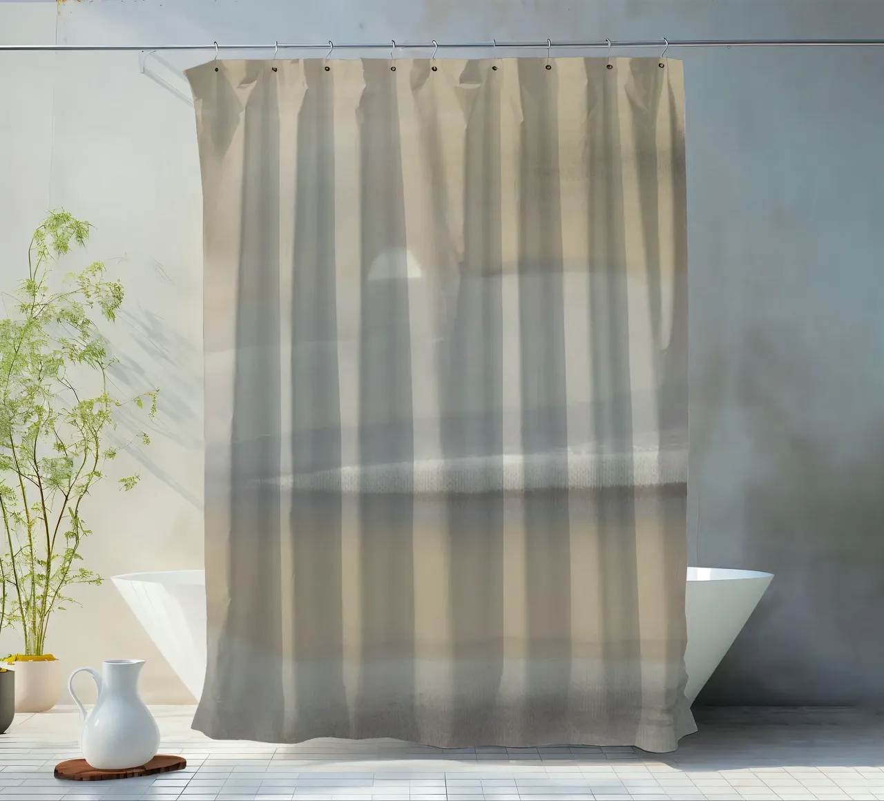 Foggy beach shower curtain by Little Dean