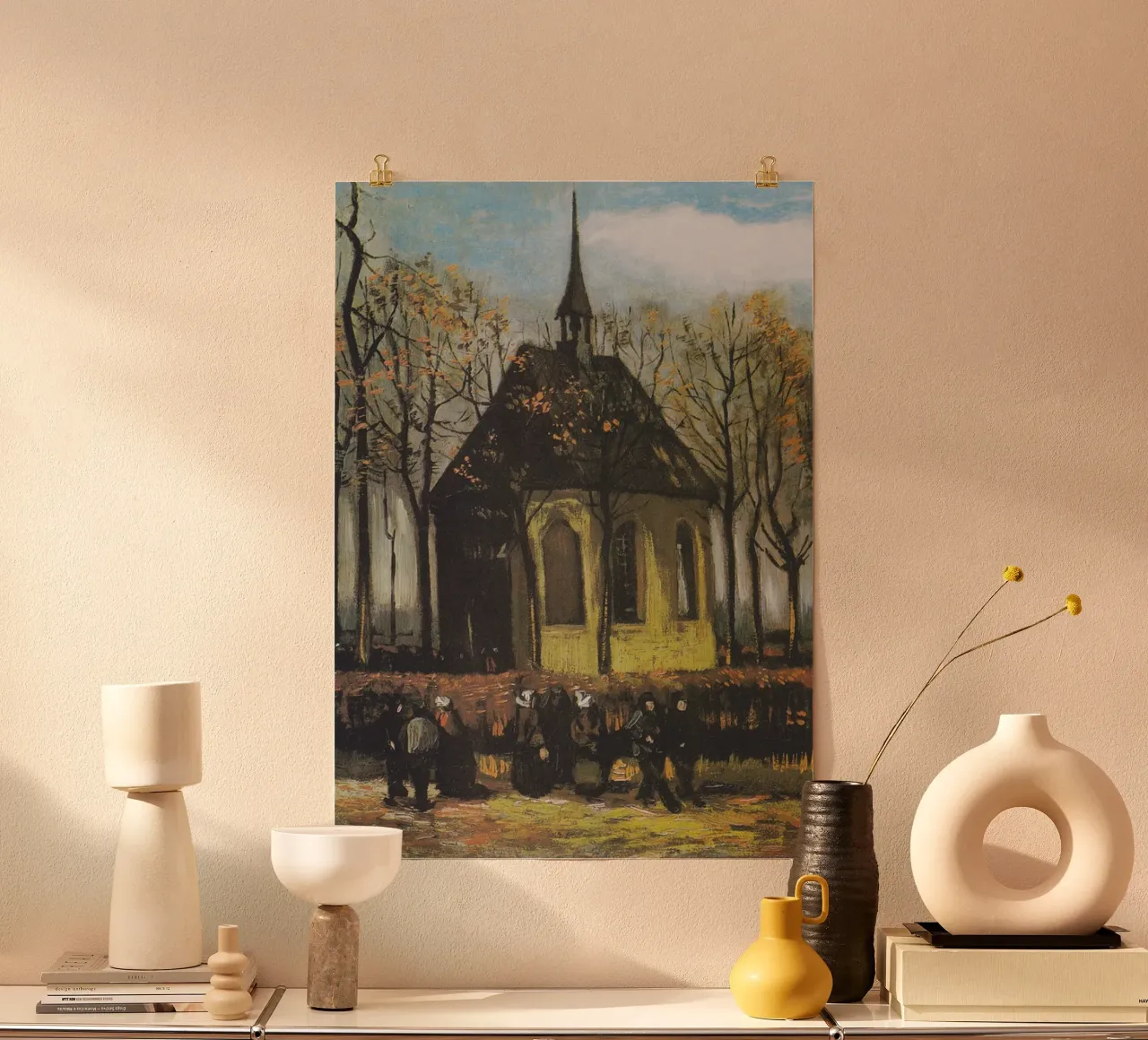 Campanile della chiesa comunitaria poster con telaio in legno da cloud shop