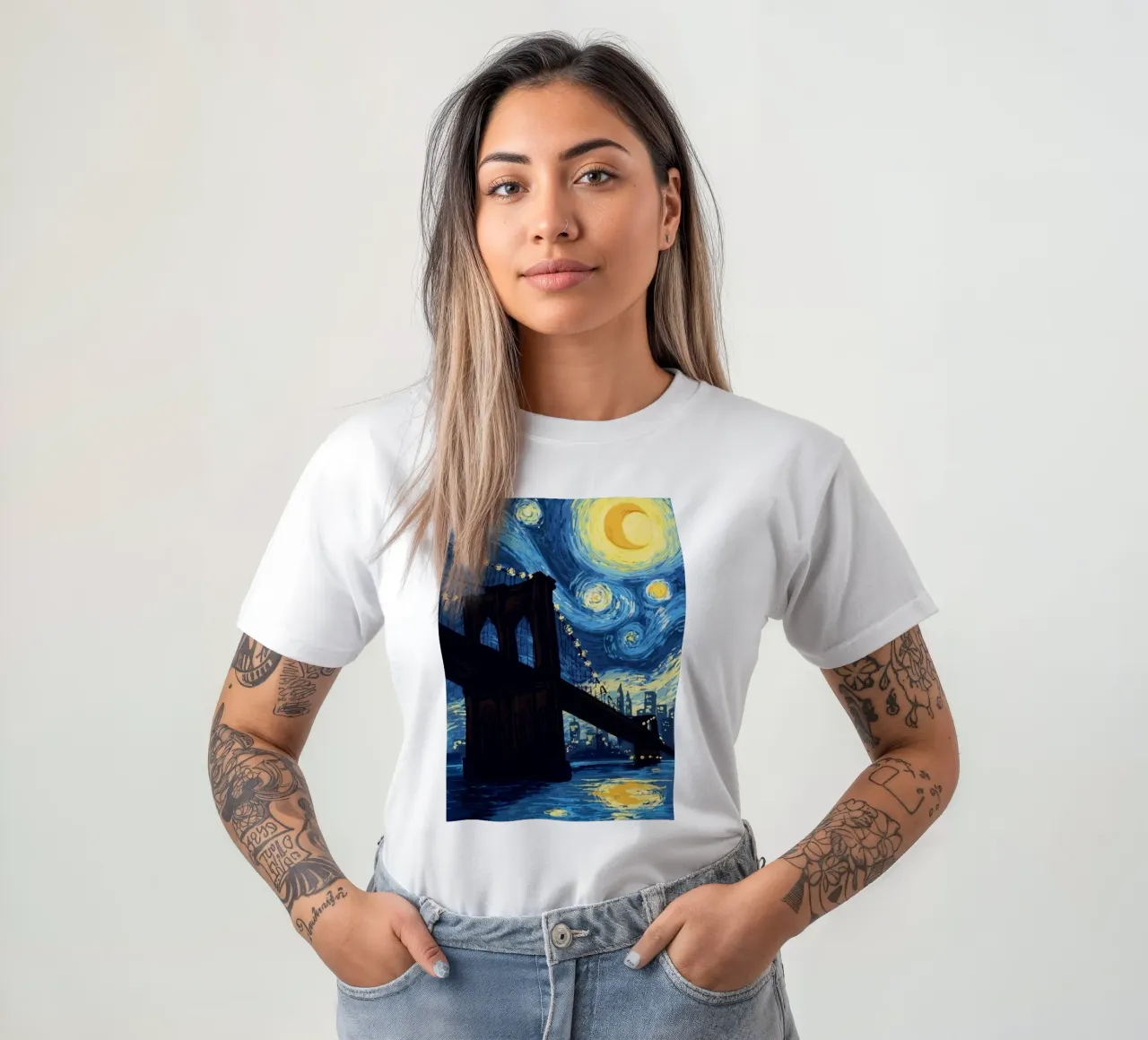 silhouette di un ponte di notte t-shirt da Piper Shop Oke