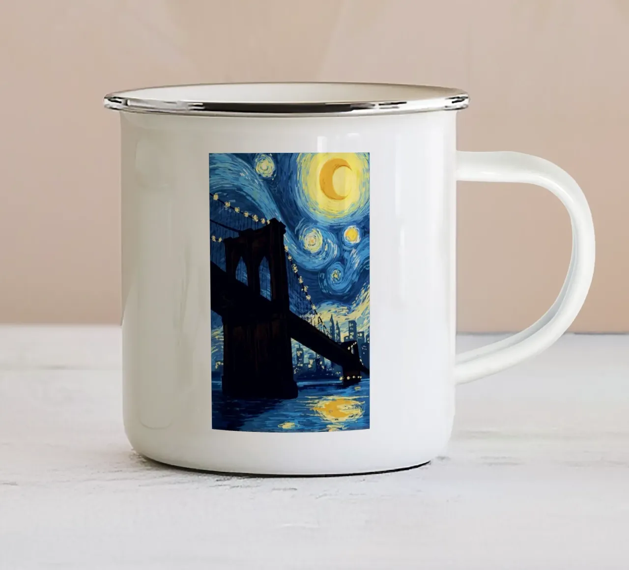 silhouette di un ponte di notte tazza in smalto da Piper Shop Oke