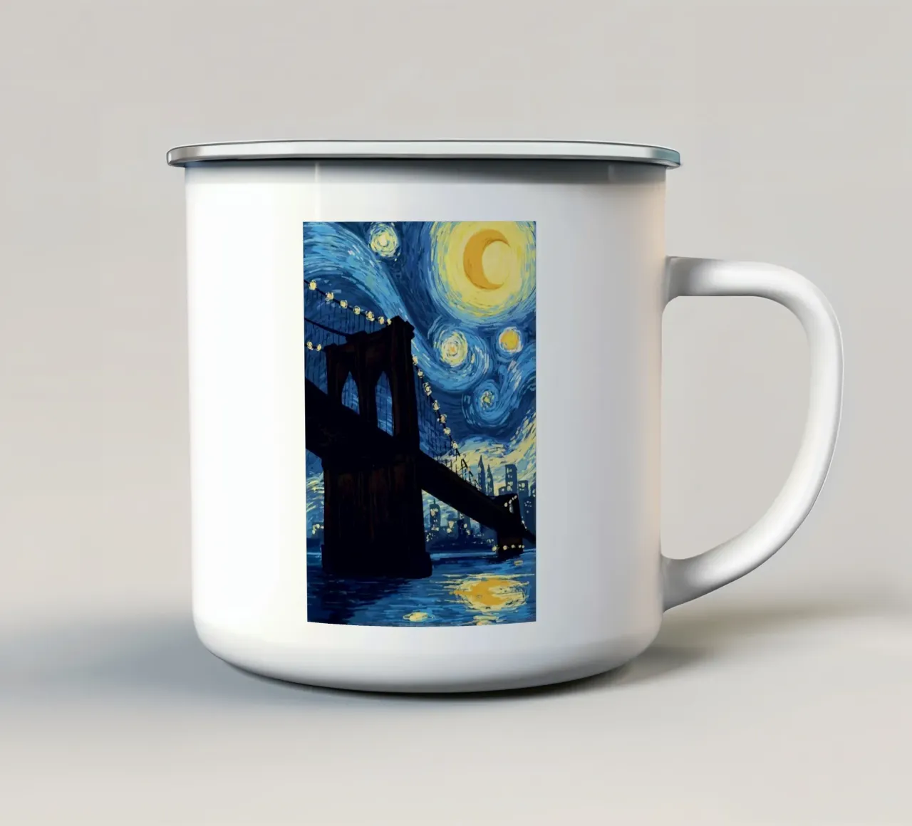 silhouette di un ponte di notte tazza in smalto da Piper Shop Oke
