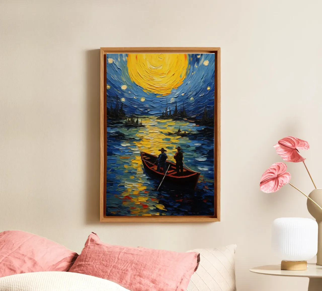 pescatori che pescano di notte tela con Cornice a cassetta da Piper Shop Oke
