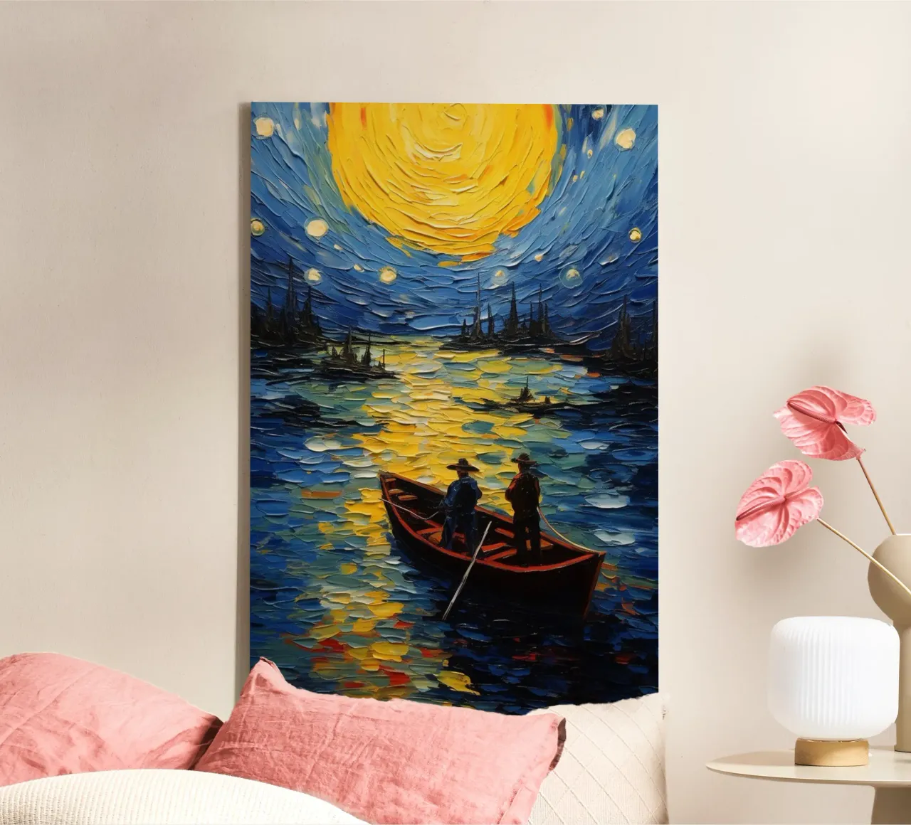 pescatori che pescano di notte tela con Cornice a cassetta da Piper Shop Oke
