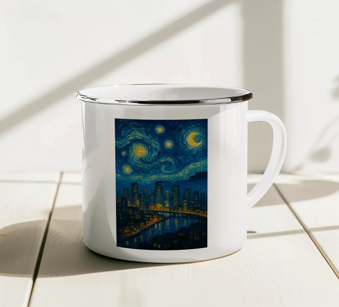 vista della città di notte in una giornata limpida tazza in smalto da Piper Shop Oke