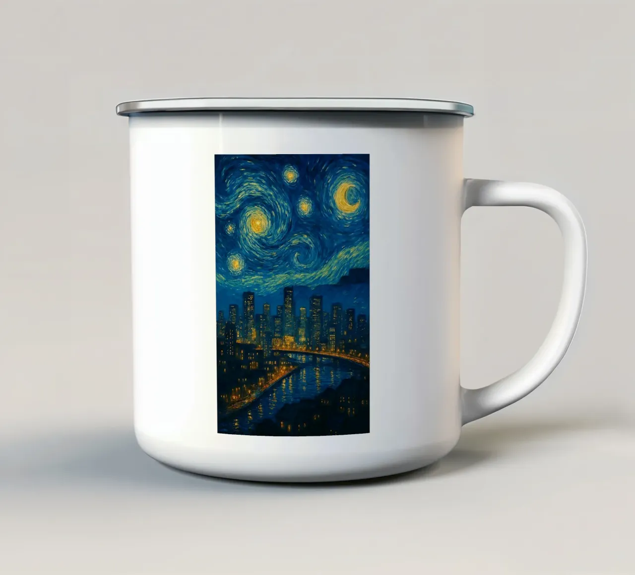 vista della città di notte in una giornata limpida tazza in smalto da Piper Shop Oke