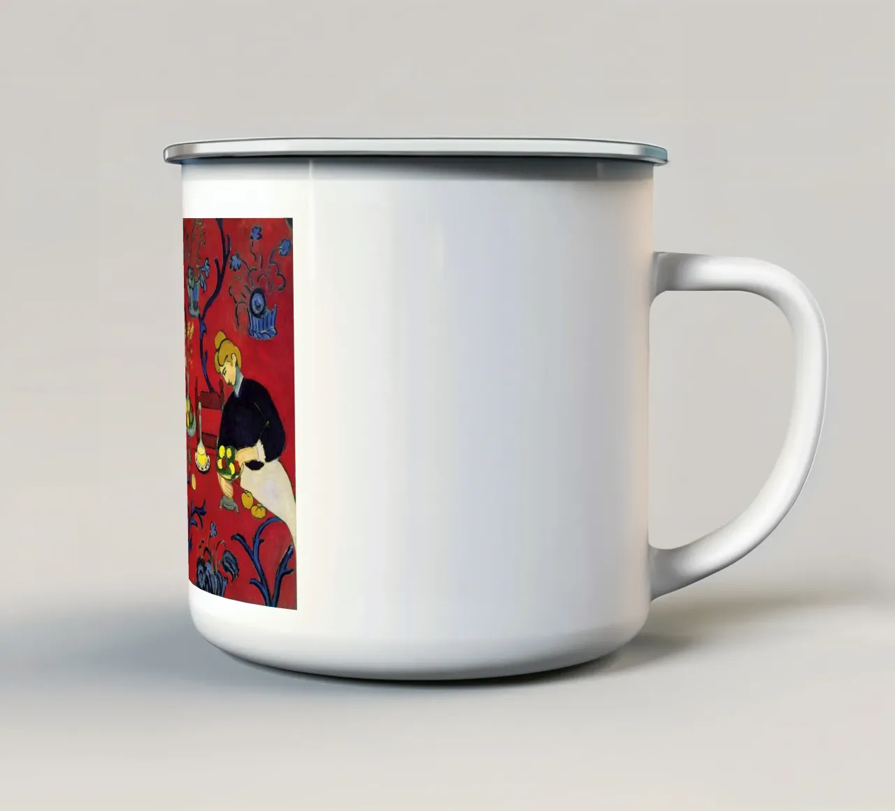 vue intérieure d'une table luxueuse décorée de fruits mug en émail de sazkia art