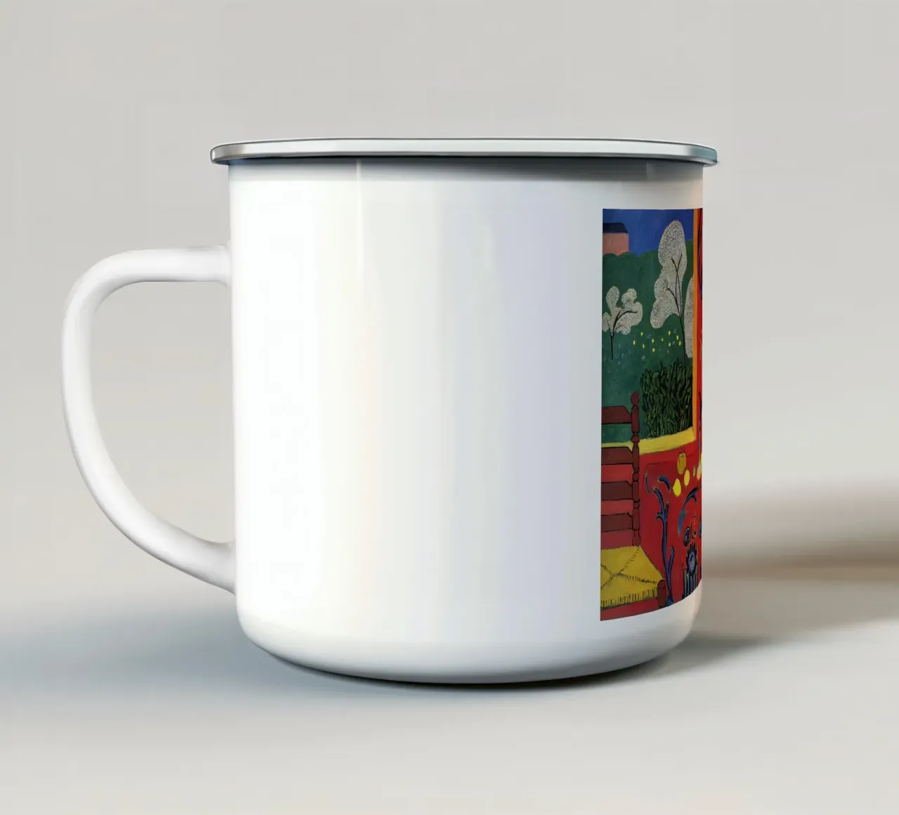 vue intérieure d'une table luxueuse décorée de fruits mug en émail de sazkia art