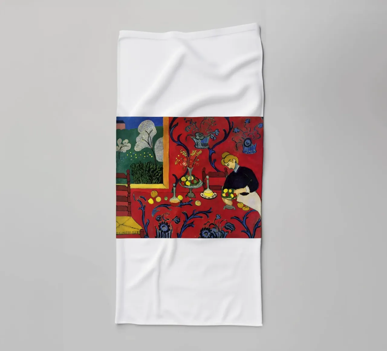 vue intérieure d'une table luxueuse décorée de fruits serviette de bain de sazkia art