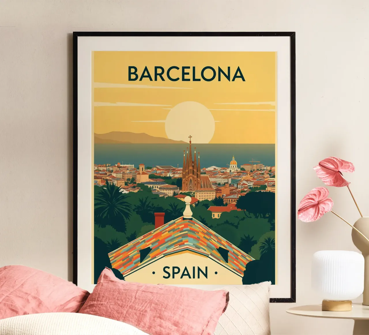 Barcellona - Viaggio d'epoca poster con telaio in plastica da HicksShop