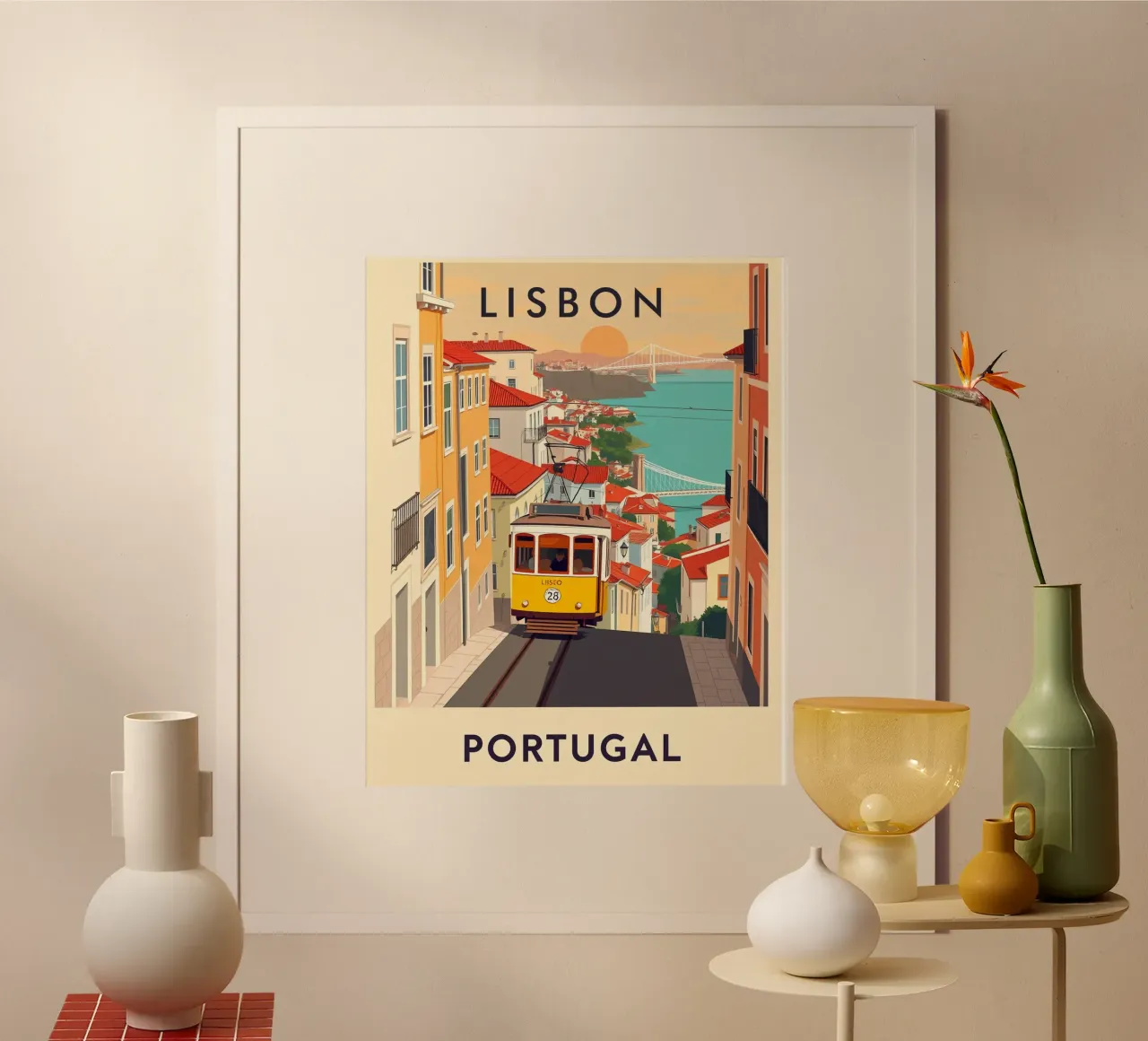 Lisbona Viaggio d'epoca poster con telaio in alluminio da HicksShop