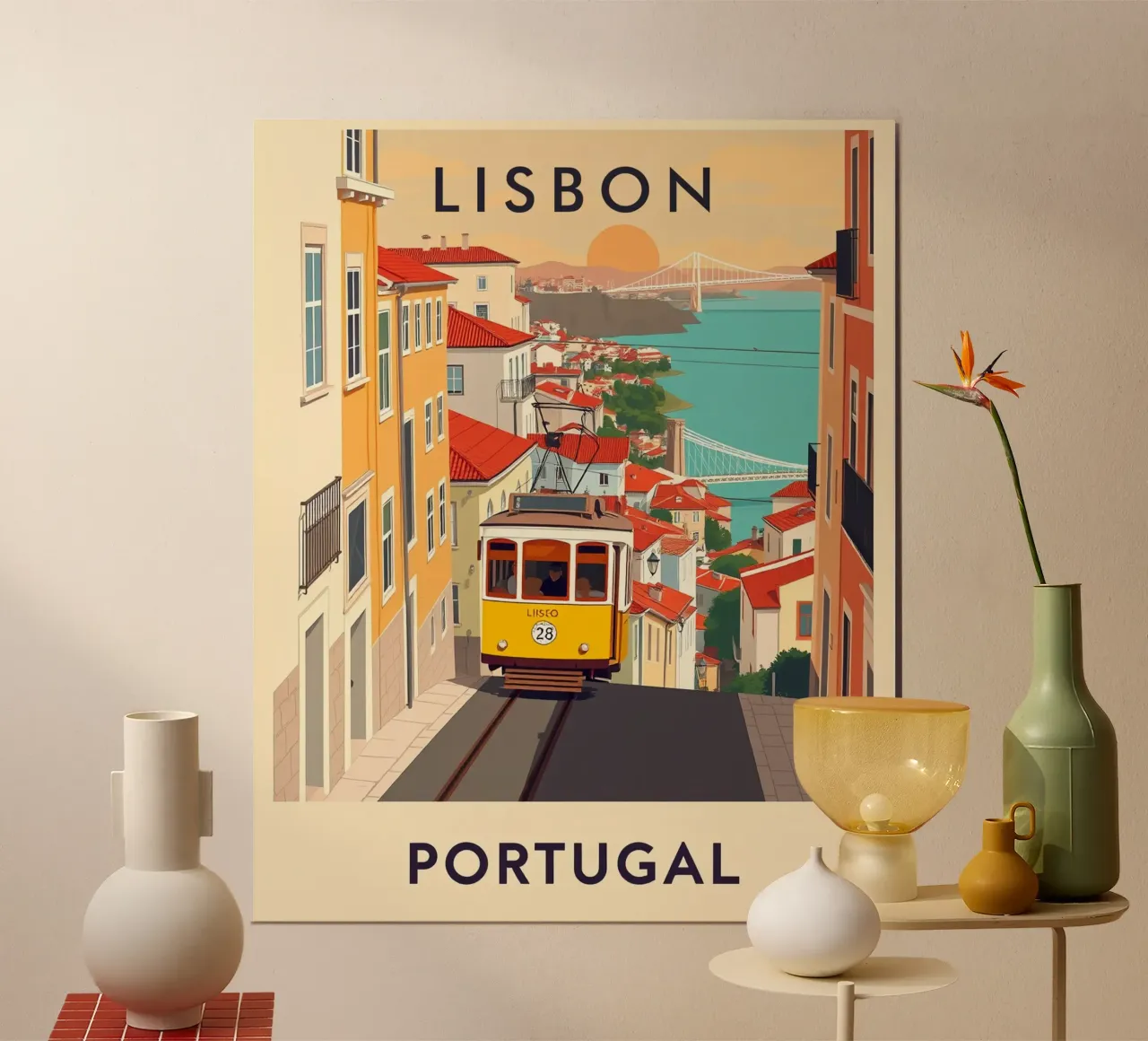 Lisbona Viaggio d'epoca poster con telaio in alluminio da HicksShop