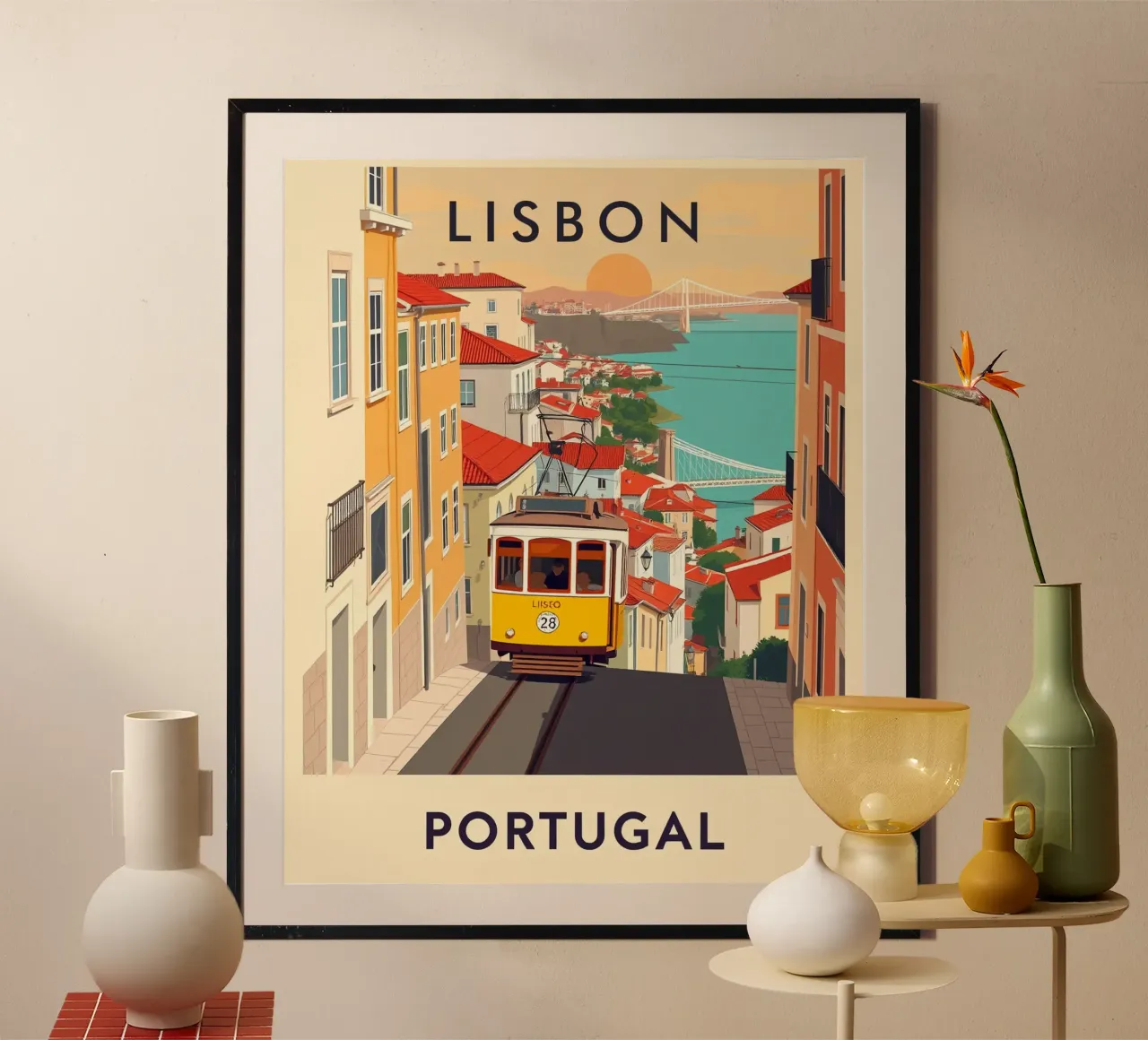 Lisbona Viaggio d'epoca poster con telaio in alluminio da HicksShop