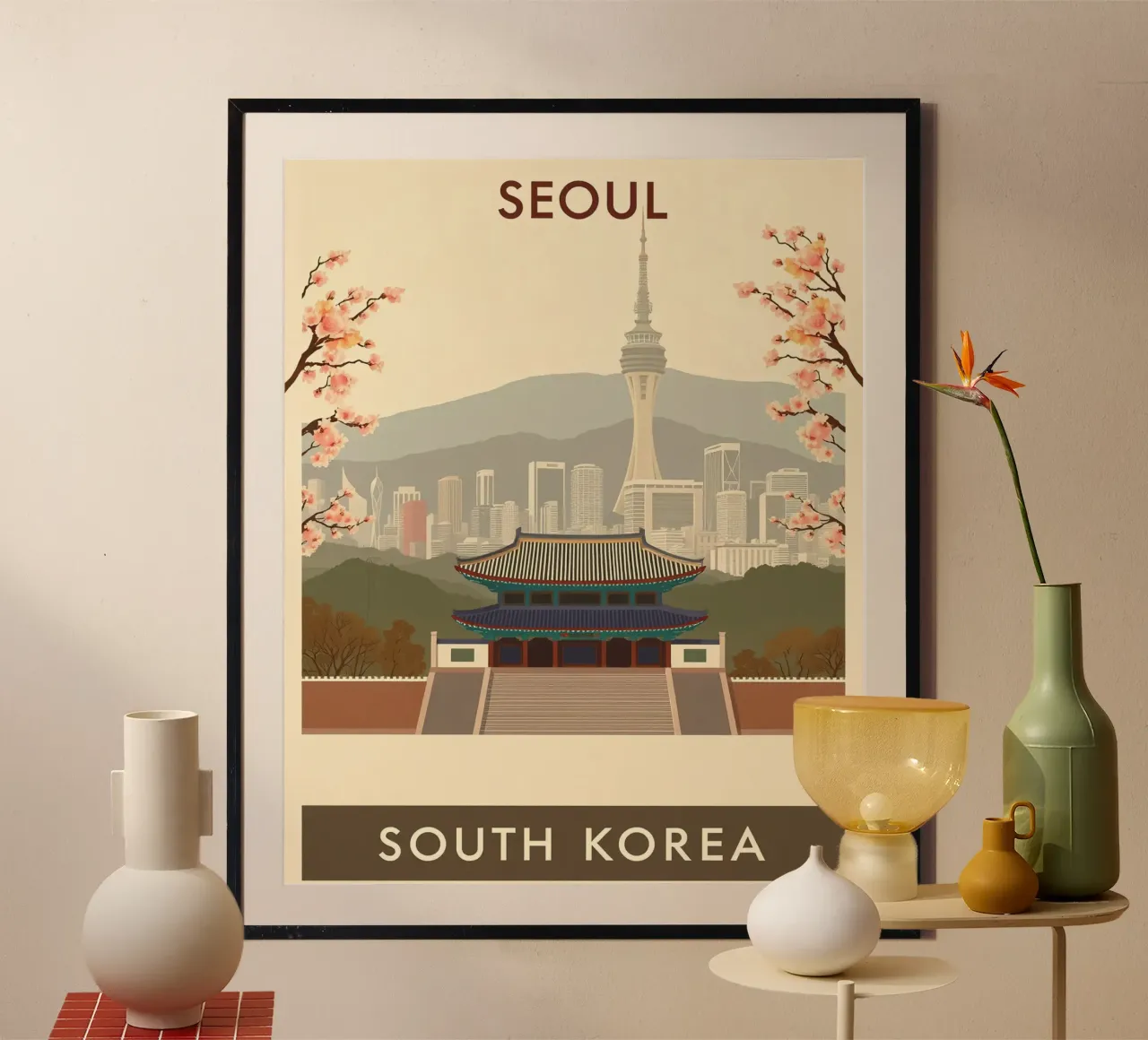 Viaggio vintage a Seul poster con telaio in alluminio da HicksShop