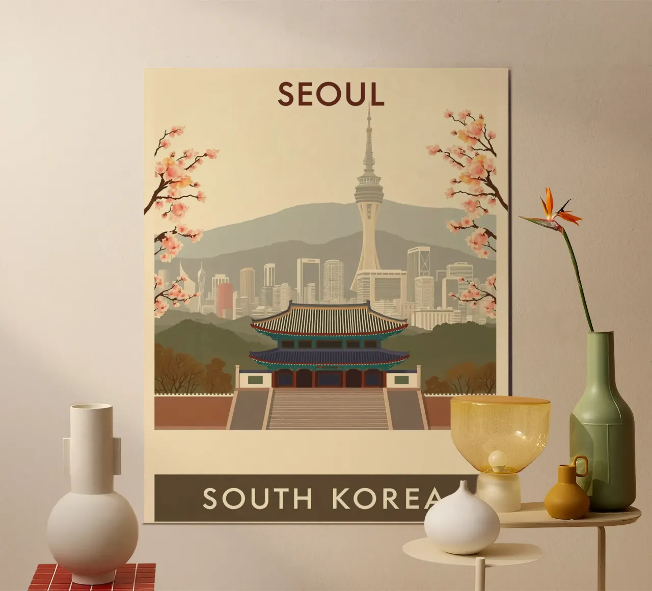 Viaggio vintage a Seul poster con telaio in alluminio da HicksShop