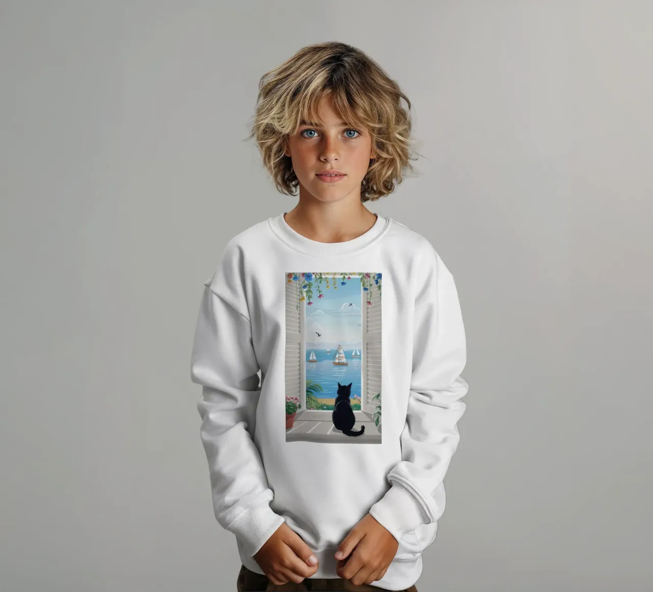 Window Cat Harbor View kids sweatshirt by FadeAura
