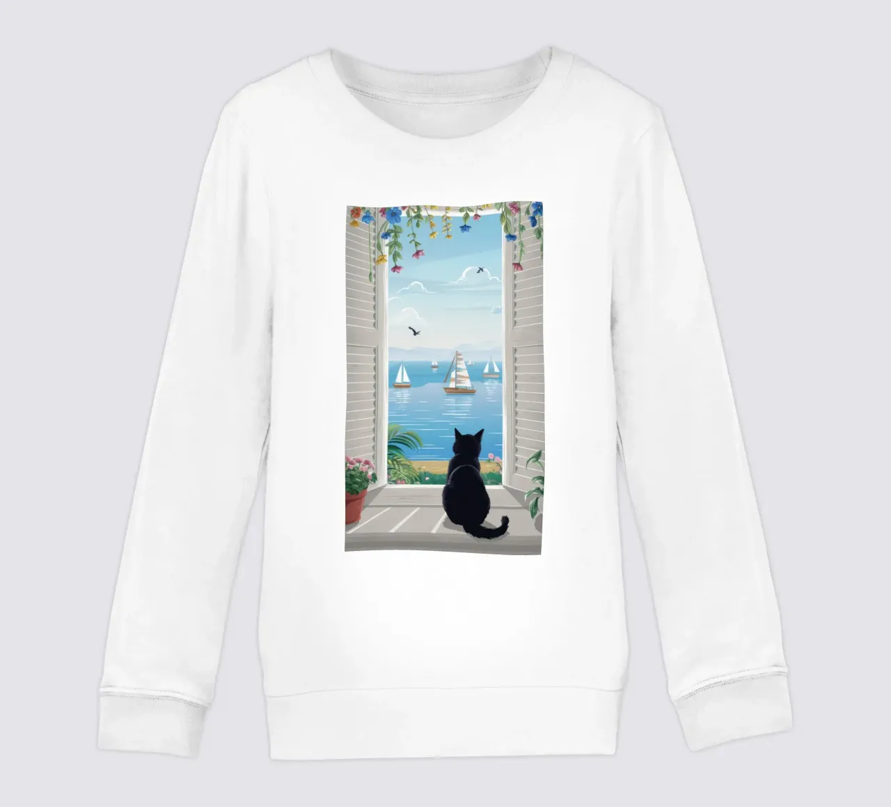 Window Cat Harbor View kids sweatshirt by FadeAura