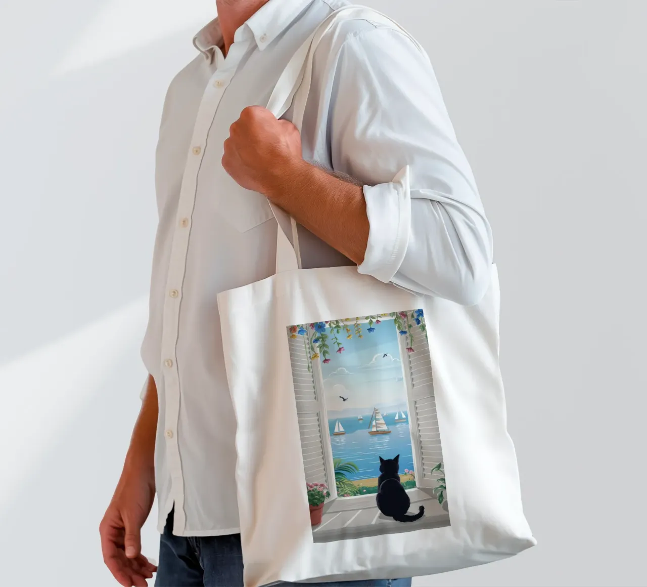 Window Cat Harbor View tote bag by FadeAura