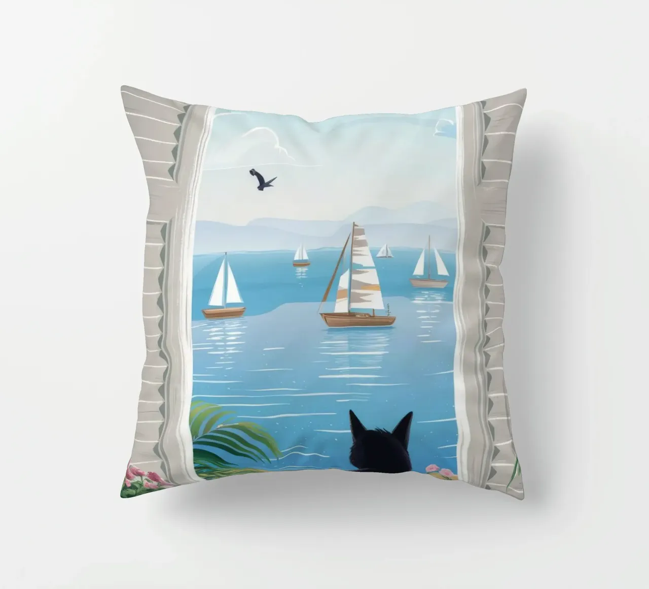 Window Cat Harbor View decorative cushion by FadeAura