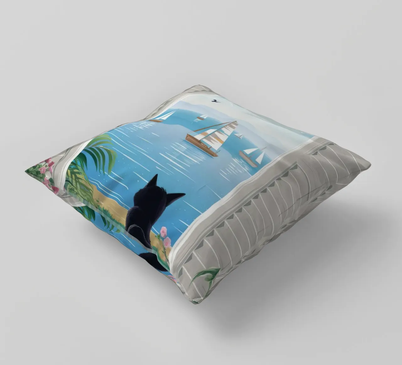 Window Cat Harbor View decorative cushion by FadeAura