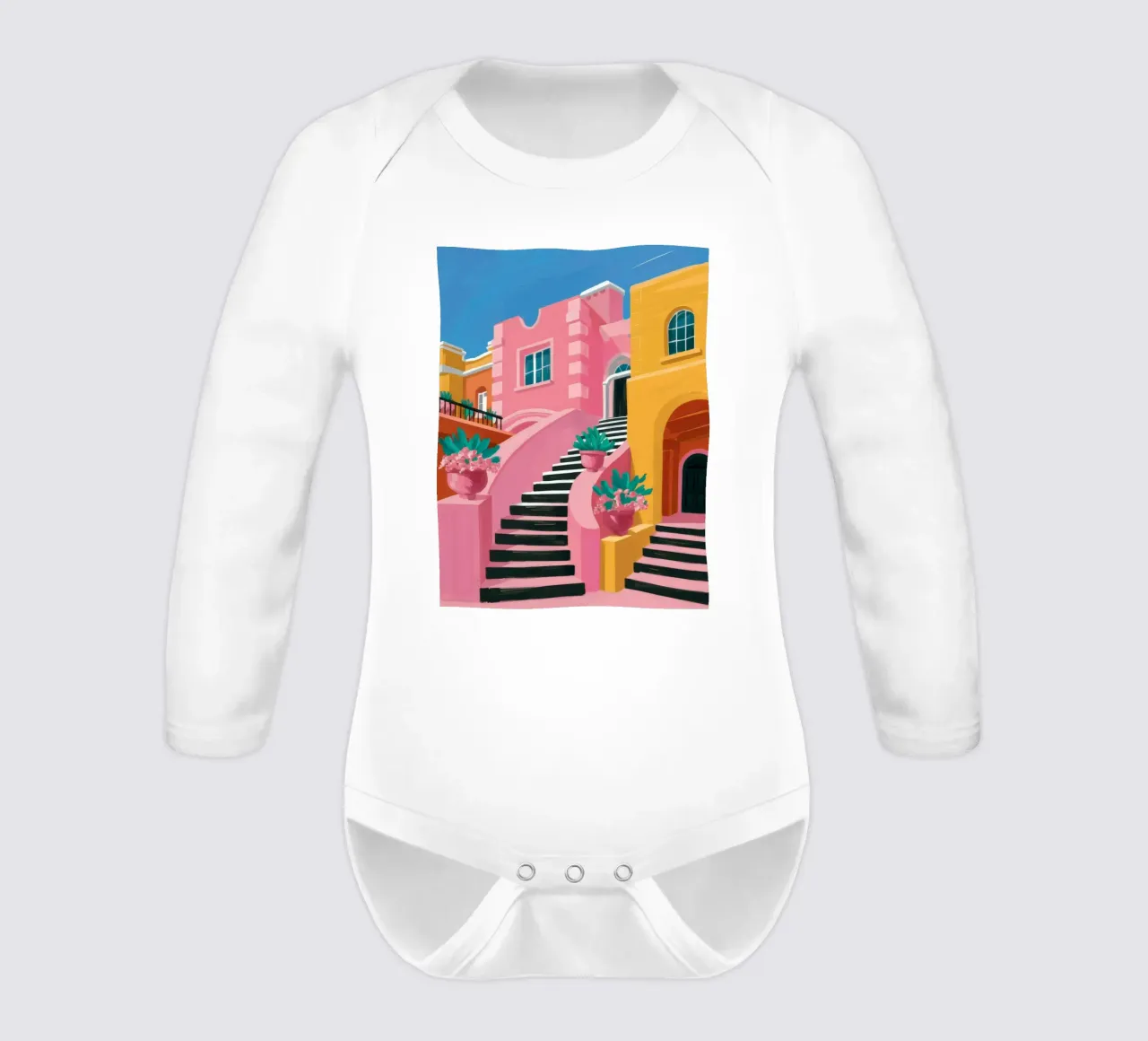 Pink Steps Perspective long-sleeve baby romper by Muse Artworks