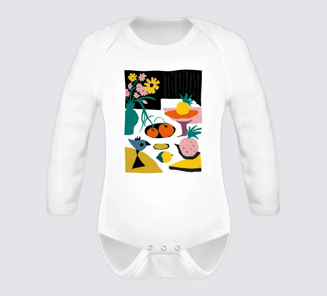 Abstract Fruit Table long-sleeve baby romper by Haven Fantasy