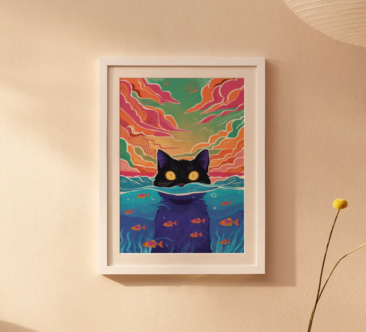 Gatto surreale a forma di boccia di pesce poster con telaio in plastica da FadeAura