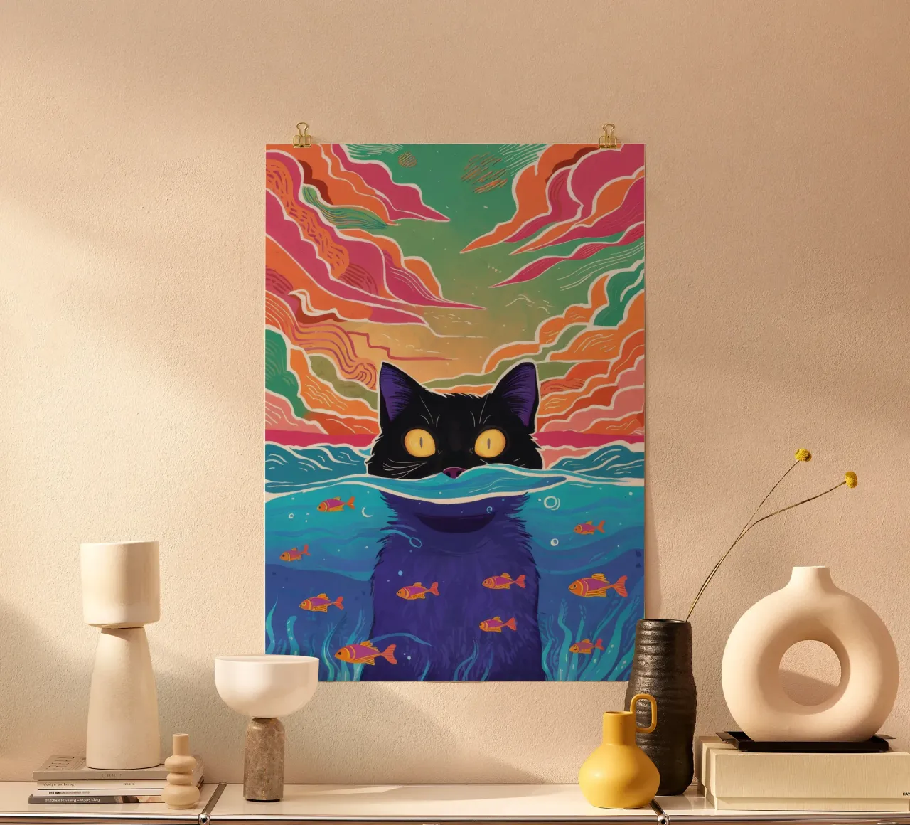 Gatto surreale a forma di boccia di pesce poster con telaio in plastica da FadeAura