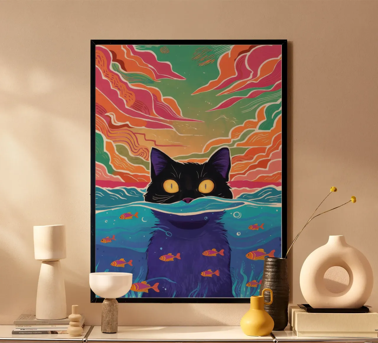 Gatto surreale a forma di boccia di pesce poster con telaio in plastica da FadeAura