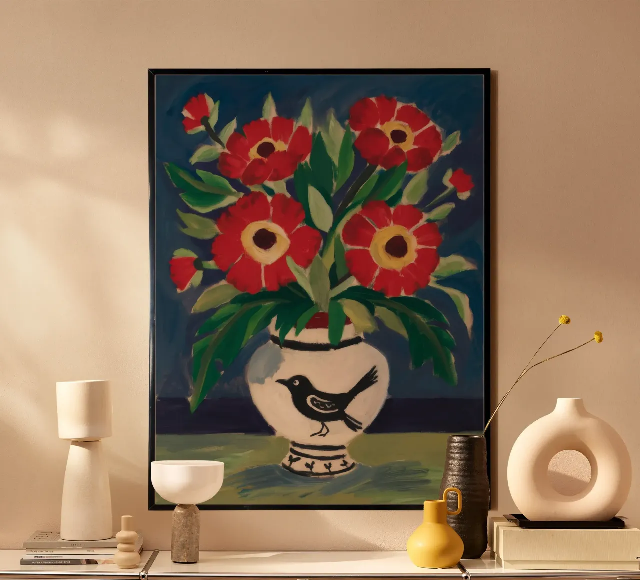 Vaso per uccelli Fiori rossi poster da Stone Decade