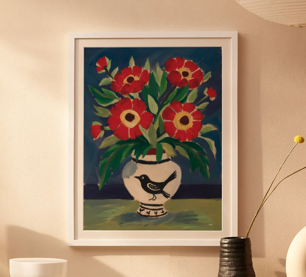 Vaso per uccelli Fiori rossi poster da Stone Decade