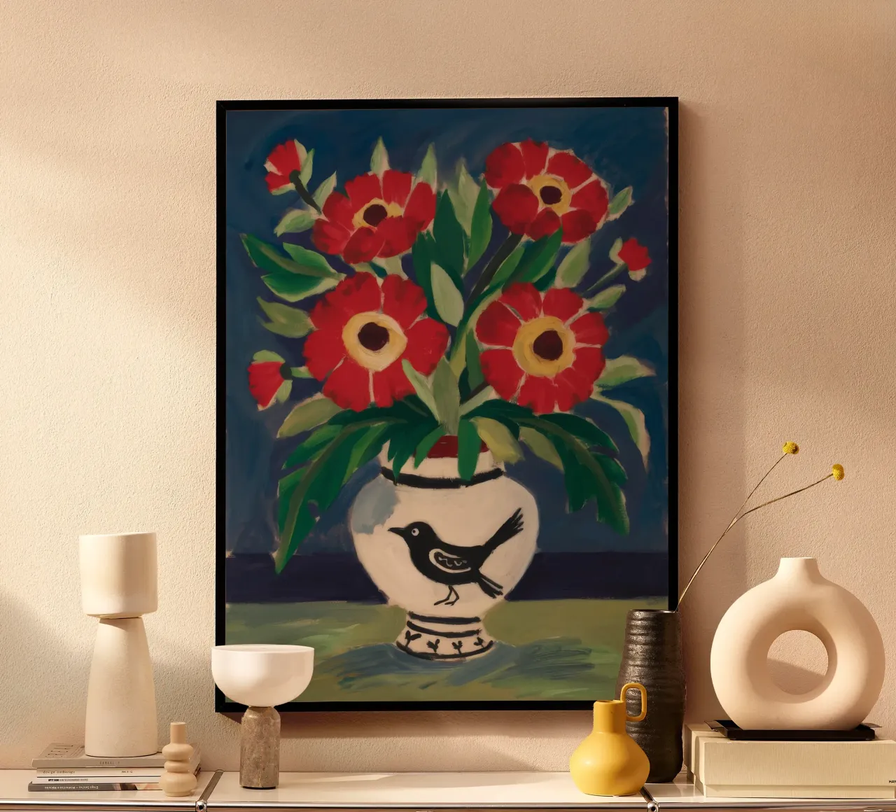 Vaso per uccelli Fiori rossi poster da Stone Decade