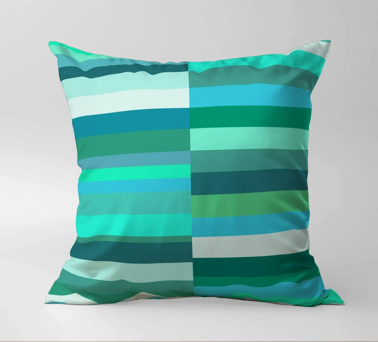 Stripes in shades of green-blue, geometric shapes, modern print decorative cushion by Lilou Art