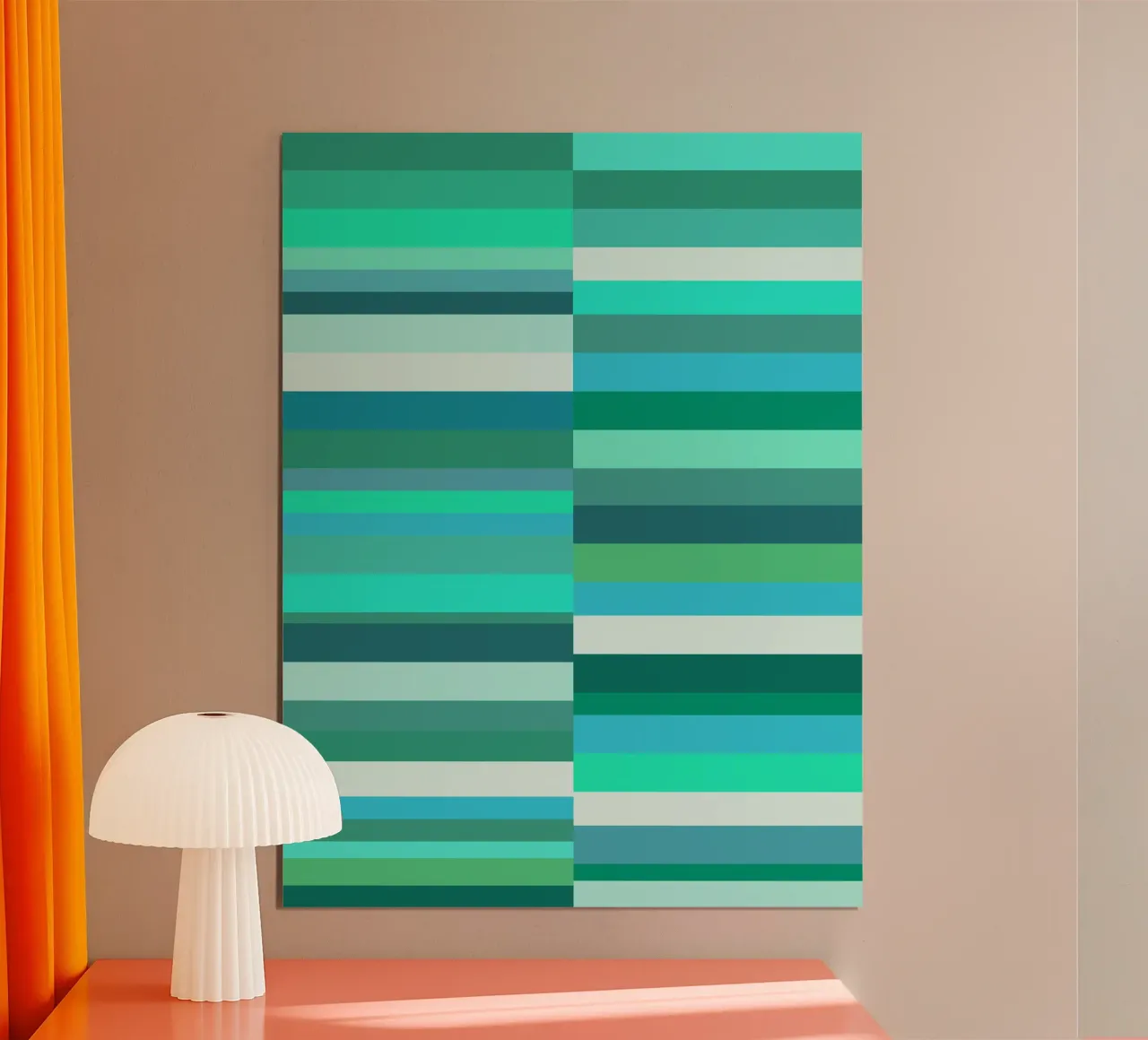 Rayures dans les tons verts et bleus, formes géométriques, imprimé moderne poster avec cadre en plastique de Lilou Art