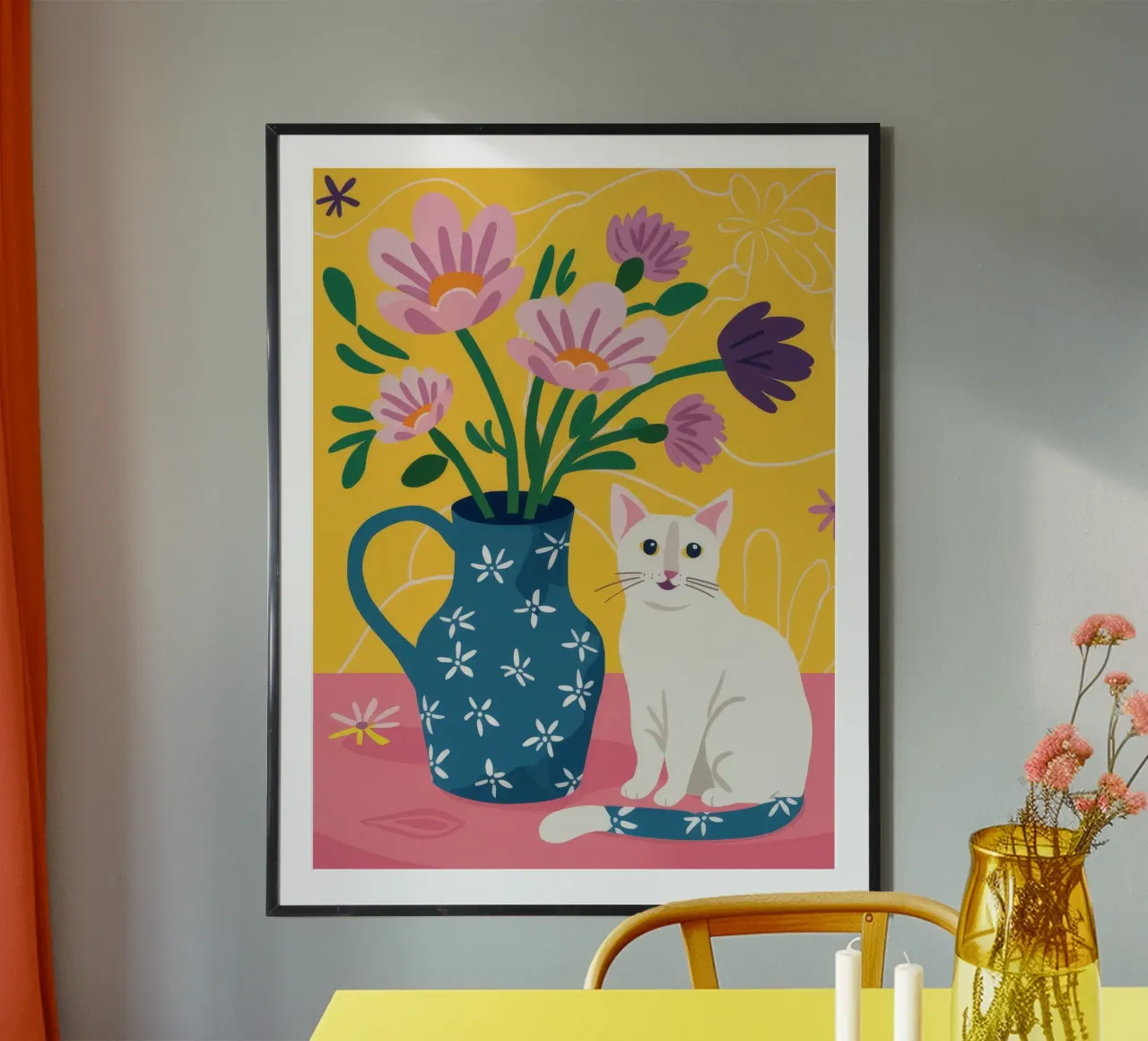 Gatto bianco Fiori rosa poster con telaio in plastica da FadeAura