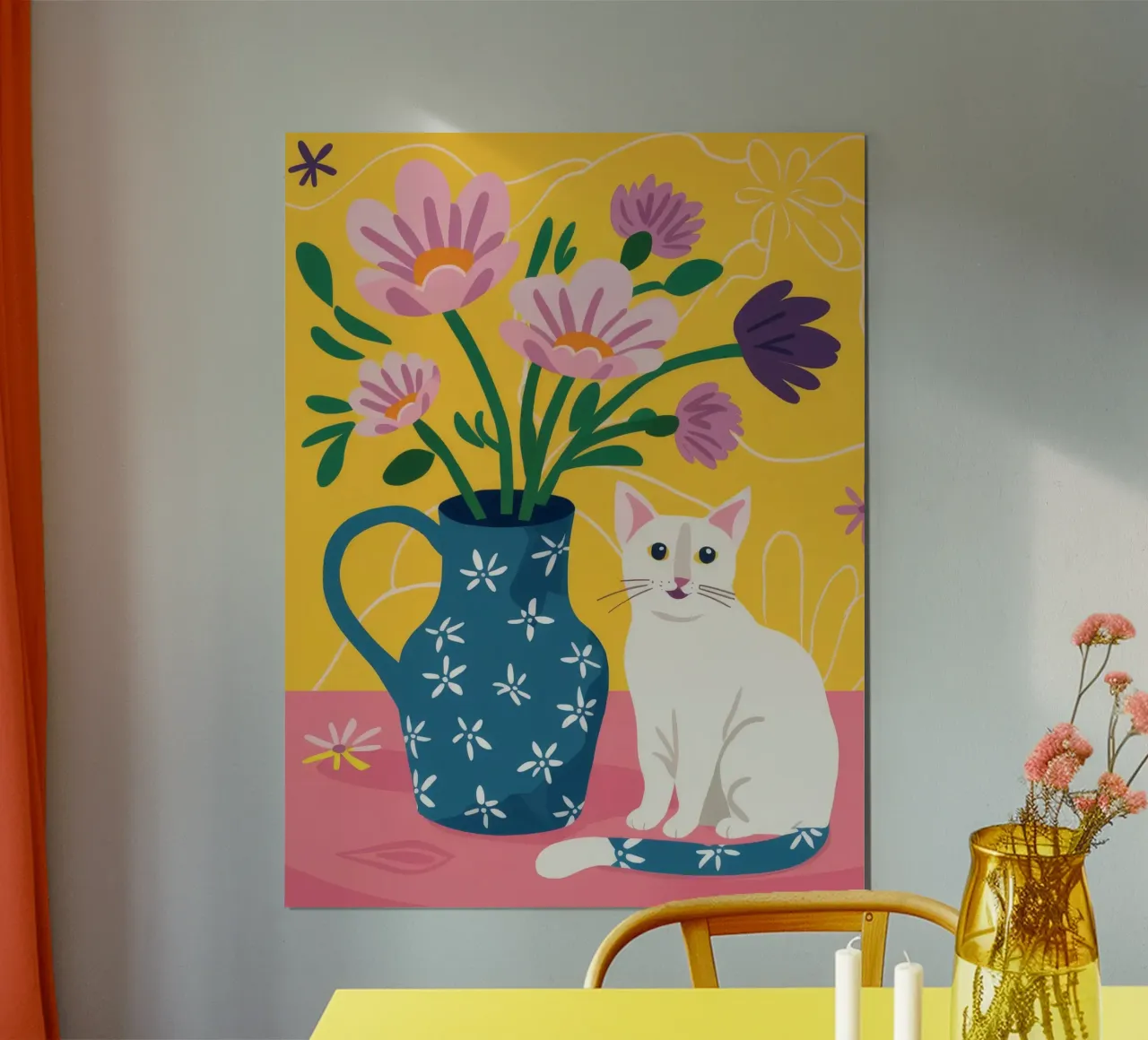 Gatto bianco Fiori rosa poster con telaio in plastica da FadeAura