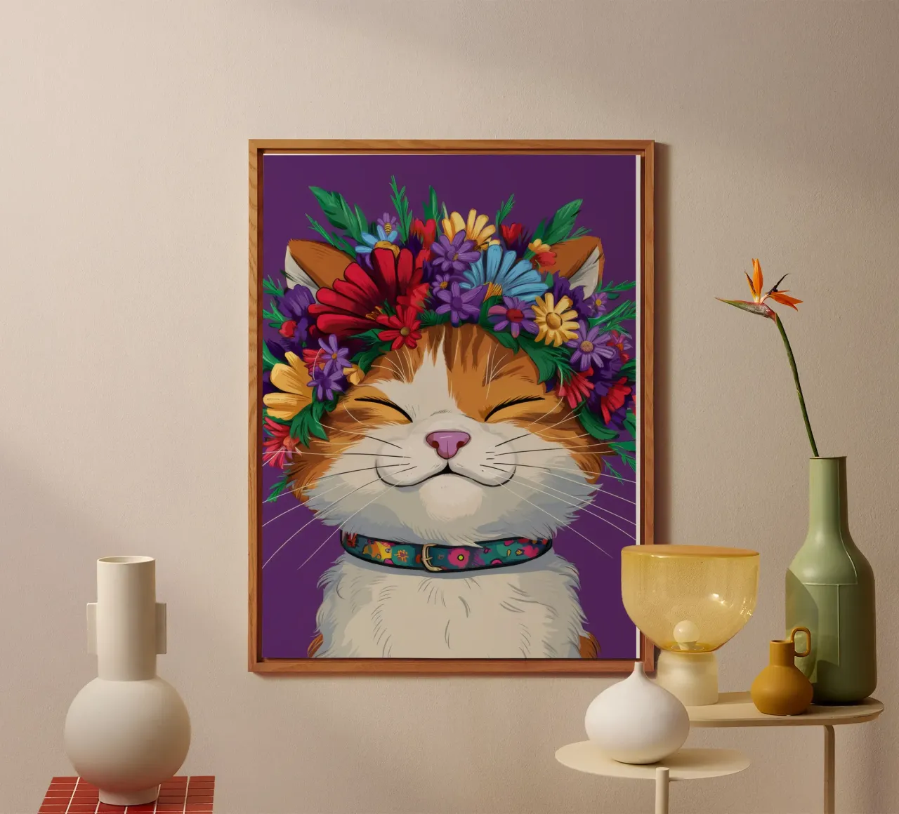 Gatto con corona floreale alluminio dibond da FadeAura