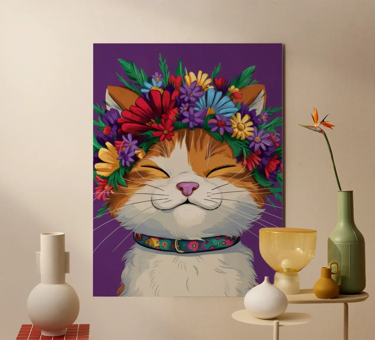 Gatto con corona floreale alluminio dibond da FadeAura