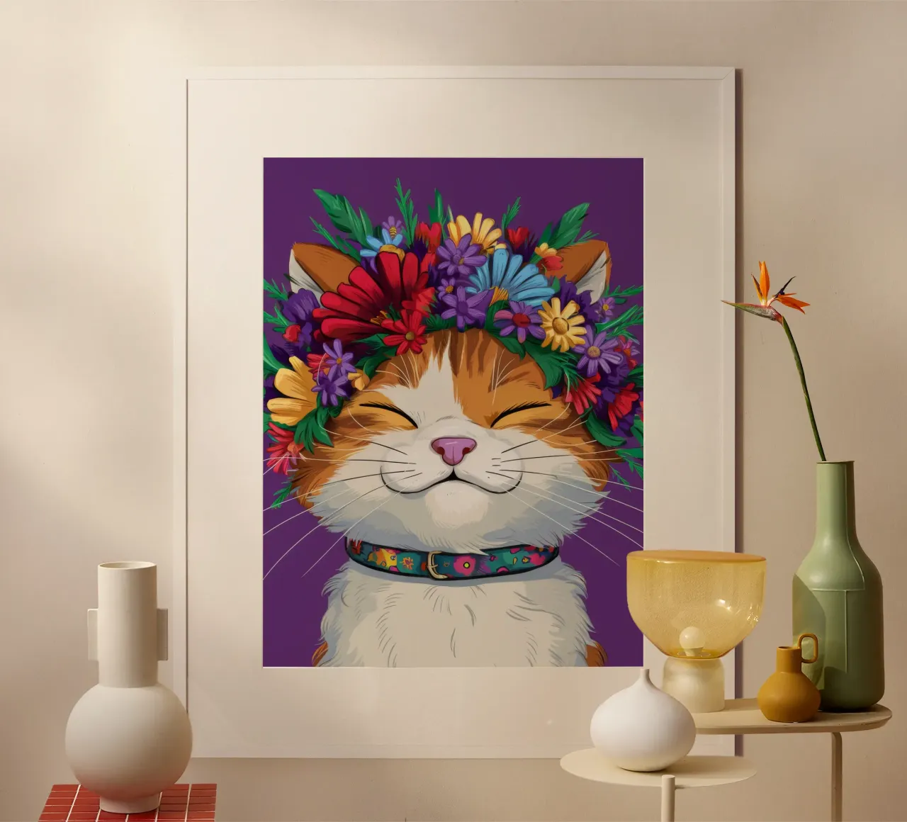 Gatto con corona floreale carta hahnemühle da FadeAura