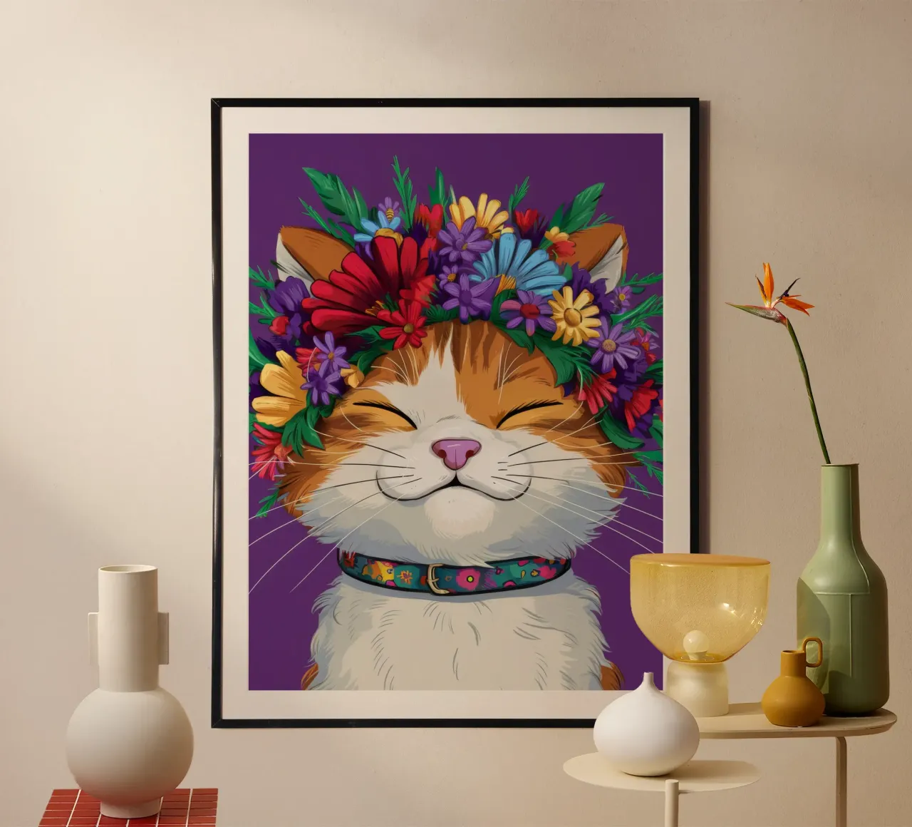 Gatto con corona floreale carta hahnemühle da FadeAura